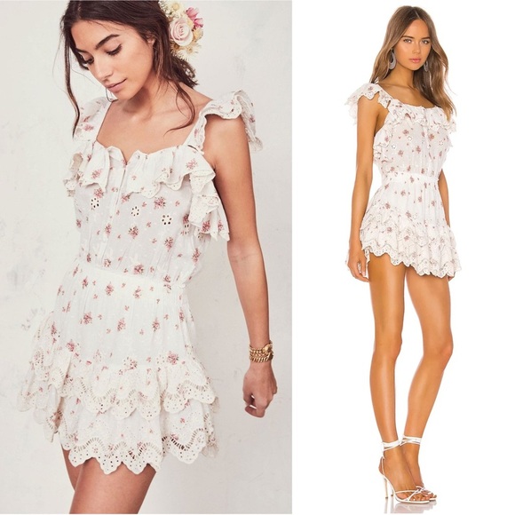 LOVESHACKFANCY Floral Embroidered Eyelet Ruffle Trim  Square Neck Mini Dress M - Picture 1 of 9